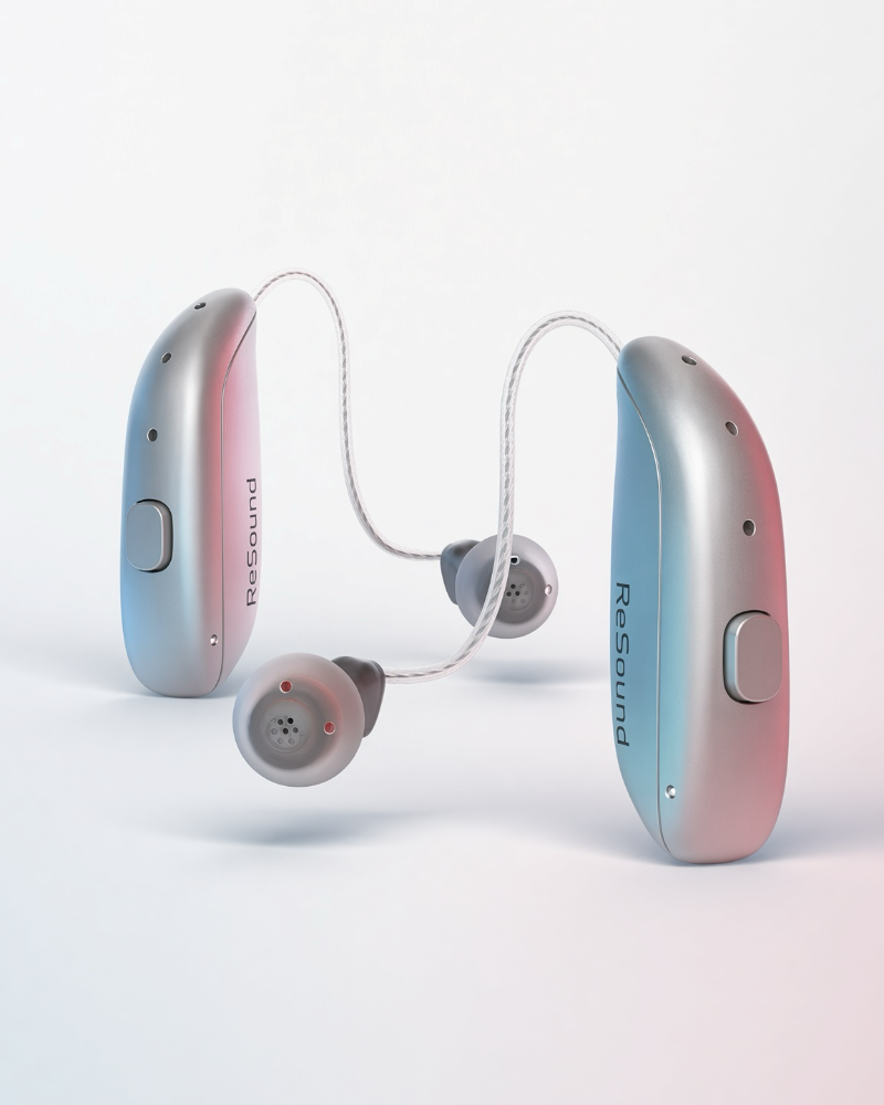 Headphones and a hearing aid on a white studio background